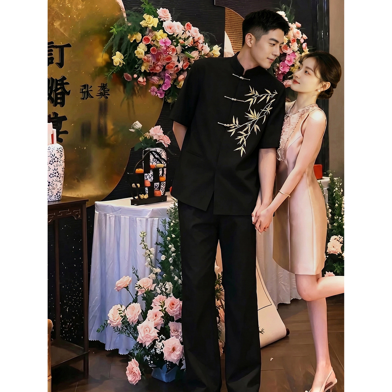 New Chinese-Style Zhongshan Suit Men's Short-Sleeved Shirt Set Summer Wedding Engagement Embroidered Stand-Up Collar National Style Shirt Jacket