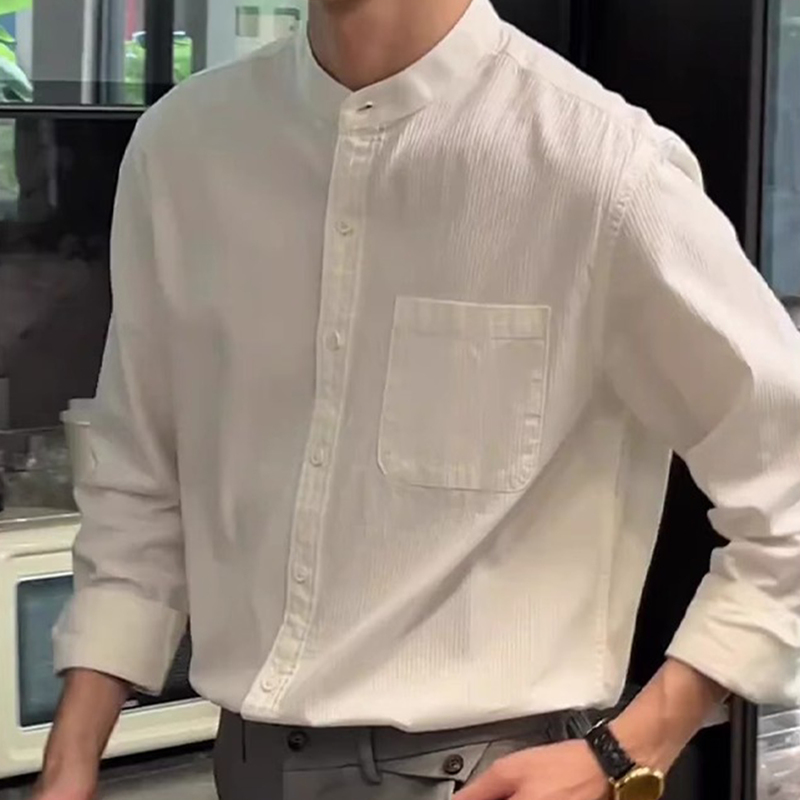 Light Mature Style, High-End, Cool and Handsome Striped Stand-Up Collar White Long-Sleeved Shirt for Men, Spring and Autumn Casual Pure Cotton Shirt Jacket Light Mature Style, High-End, Cool and Handsome Striped Stand-Up Collar White Long-Sleeved Shirt for Men, Spring and Autumn Casual Pure Cotton Shirt Jacket
