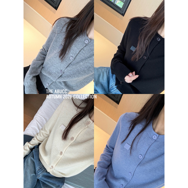 Abucc Nordic Niche! Mom's Classic Series! Small Square Smiley Face Round Neck Wool Knit Cardigan for Women