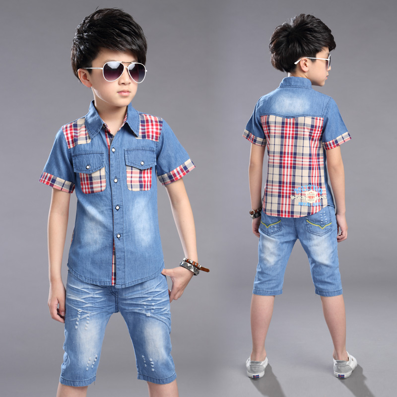 Trai áo sơ mi ngắn tay denim phù hợp với trẻ em mùa hè hai mảnh phù hợp với trẻ em 10 tuổi 12 chàng trai mùa hè áo sơ mi mỏng 15