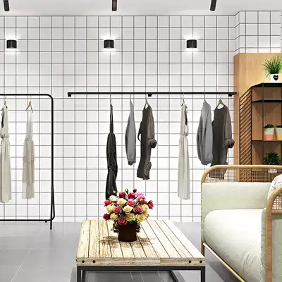 Nordic style white wallpaper black and white square lattice modern simple living room bedroom fashion clothing store wallpaper