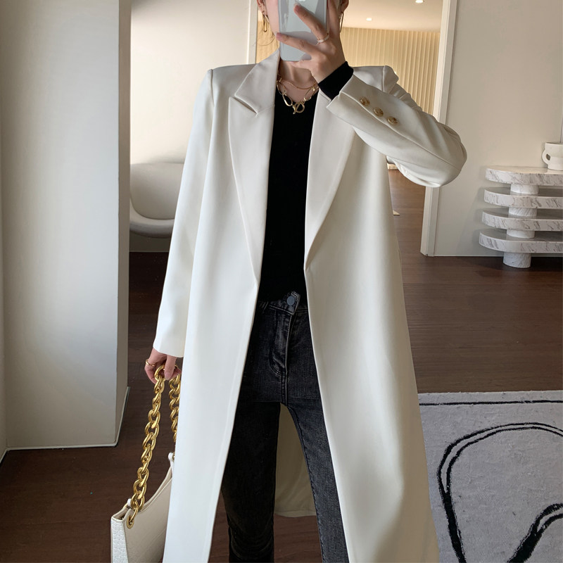 Suit collar Long version of rice white suit jacket woman 2022 spring autumn 100 hitch Senior sense loose lace winewear