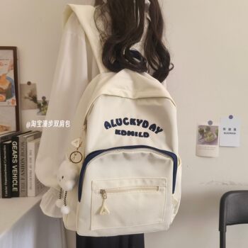 Backpack for Female College Students, Simple American Style, Trendy Letter Design, School Bag for Middle School Students, 2024 New Model, Color-Blocking Fashion Trend