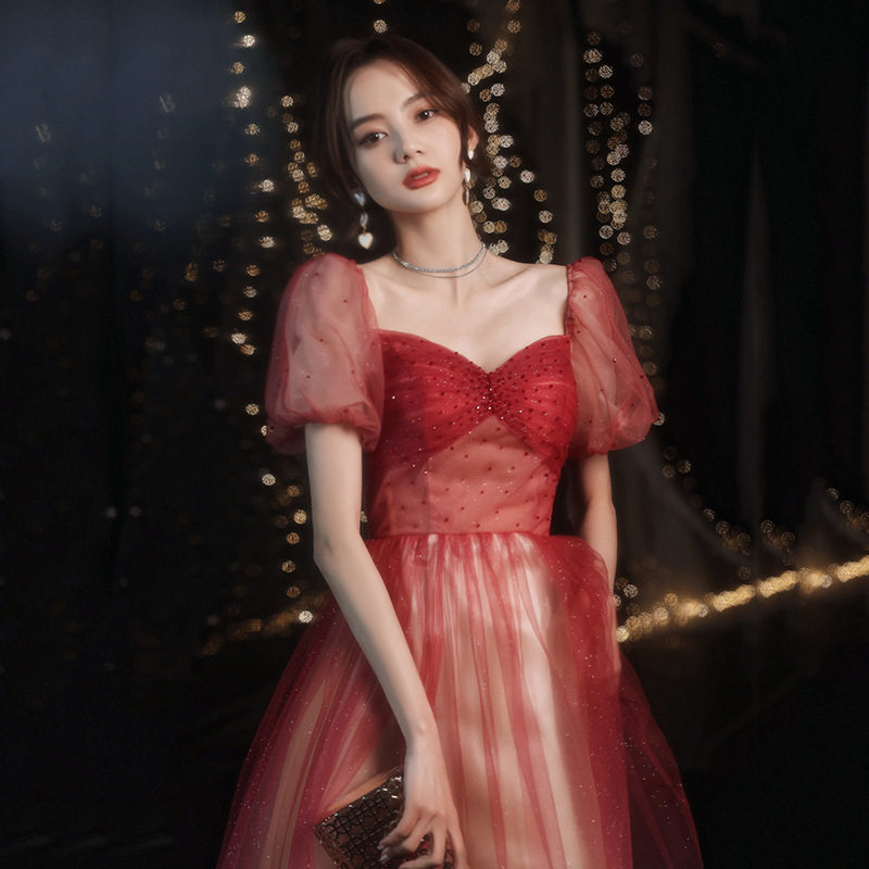 Toast dress bride female 2021 summer new style cover arm French wine red engagement dress host dress