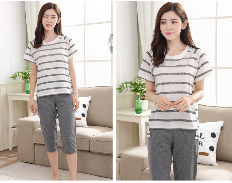 Đồ ngủ của Phụ Nữ Mùa Hè Thường Ngắn Tay Áo Bông Pyjama Quần Cắt Quần Cotton Đặt Hai mảnh Mùa Hè Mặc Nhà Mặc