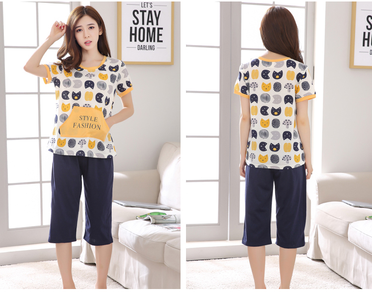 Đồ ngủ của Phụ Nữ Mùa Hè Thường Ngắn Tay Áo Bông Pyjama Quần Cắt Quần Cotton Đặt Hai mảnh Mùa Hè Mặc Nhà Mặc