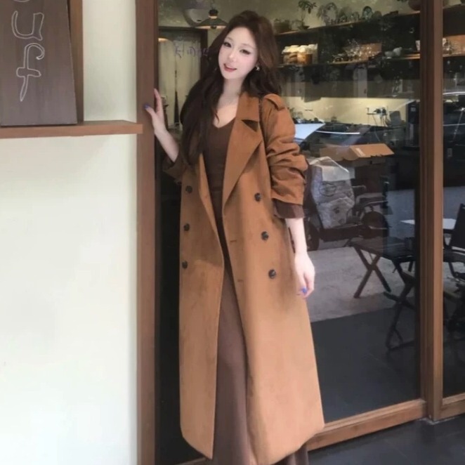 Caramel Brown Retro Double-Breasted Suede Trench Coat for Women 2026 Spring and Autumn Mid-Length Lace-Up Slimming High-End Coat Caramel Brown Retro Double-Breasted Suede Trench Coat for Women 2026 Spring and Autumn Mid-Length Lace-Up Slimming High-End Coat