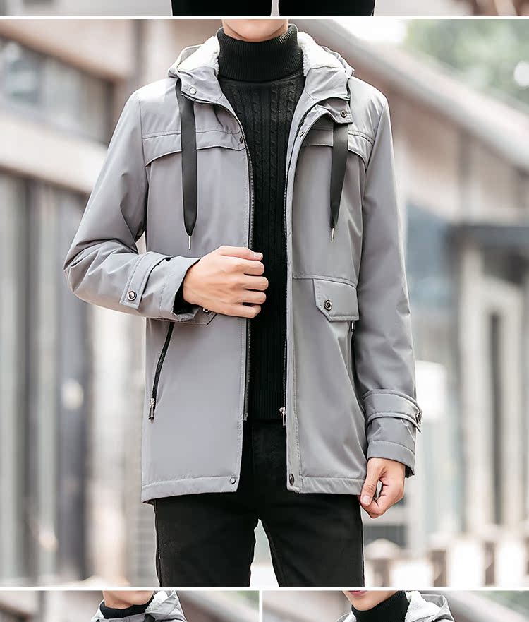 Chim phong phú trong chiếc áo khoác dài nam áo khoác gió Hàn Quốc Slim màu rắn mùa thu và mũ trùm đầu cộng với xu hướng nhung dày áo gió đôi