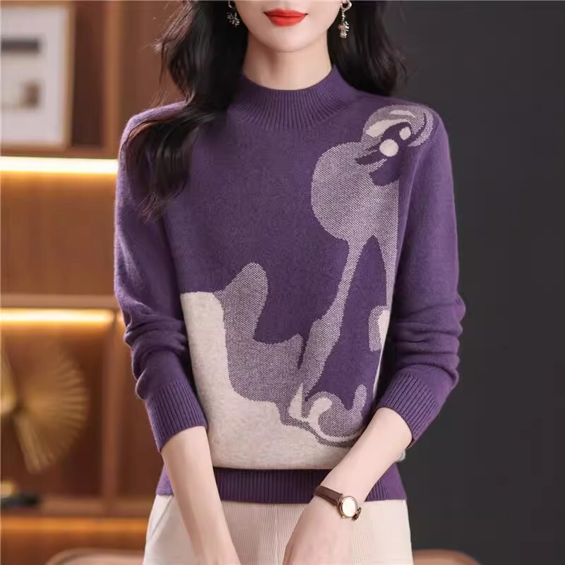 Half Turtleneck Wool Sweater for Women, New Autumn and Winter Knitted Jacquard Loose and Stylish Short Wool Base Layer Top
