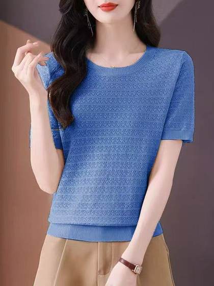 2025新款桑蚕丝短袖t恤女夏季妈妈洋气大码圆领宽松遮肚针织上衣