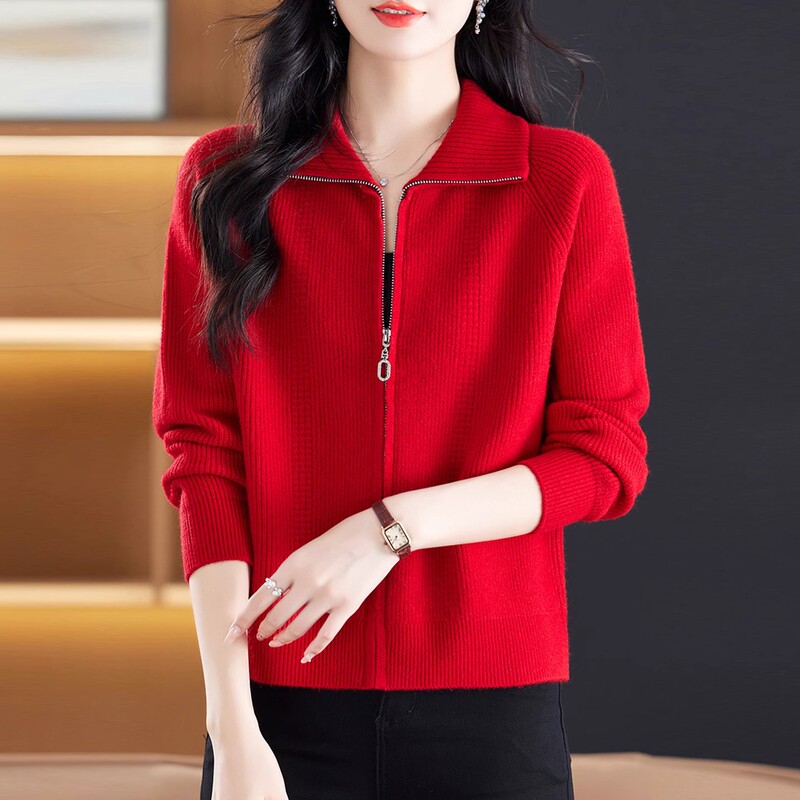 Ordos City Cashmere Knitted Cardigan for Women, Spring, Autumn and Winter Red Sweater Jacket with Zipper, Fashionable Outerwear