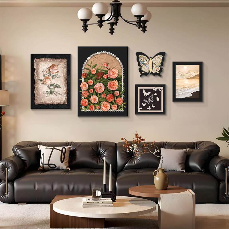 French Retro Style Living Room Decorative Painting Cream Mid-Century Style Sofa Background Wall Hanging Painting Butterfly Rose Combination Mural French Retro Style Living Room Decorative Painting Cream Mid-Century Style Sofa Background Wall Hanging Painting Butterfly Rose Combination Mural