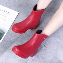Mid-tube rain boots womens fashion outer wear rain boots womens warm fashion water boots adult student waterproof shoes short tube non-slip
