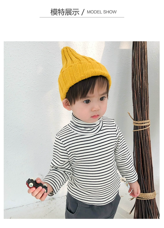 Áo thun trẻ em mùa đông mới cổ cao cộng với nhung nam trẻ em đáy quần bé áo sơ mi dài tay trẻ em sọc quần áo áo thun trẻ em