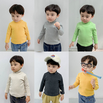 Childrens T-shirt winter new solid color semi-high collar boy base shirt baby velvet warm top baby long sleeve
