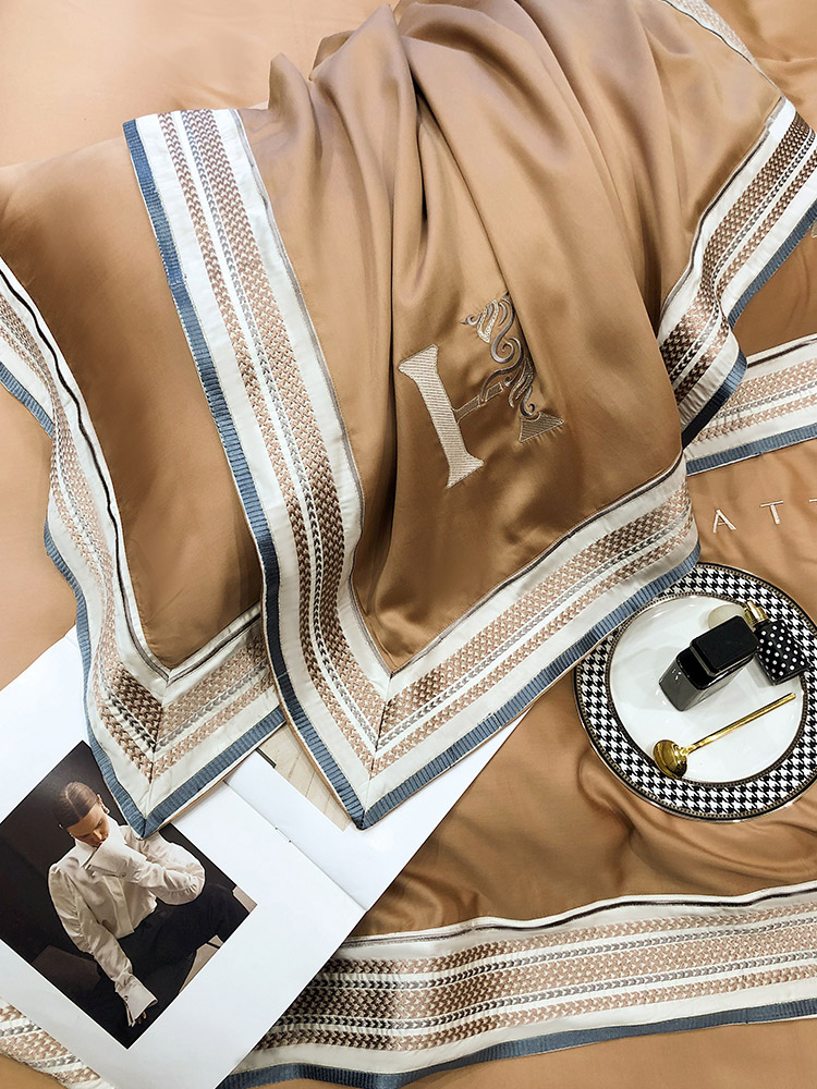 High-end 100-count Lenzing Tencel four-piece set light luxury letters embroidered quilt cover cool feeling naked sleeping spring and summer bedding