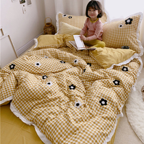 Korean-dyed double-layer yarn skin-friendly cotton four-piece Camellia embroidery simple Plaid soft bedding