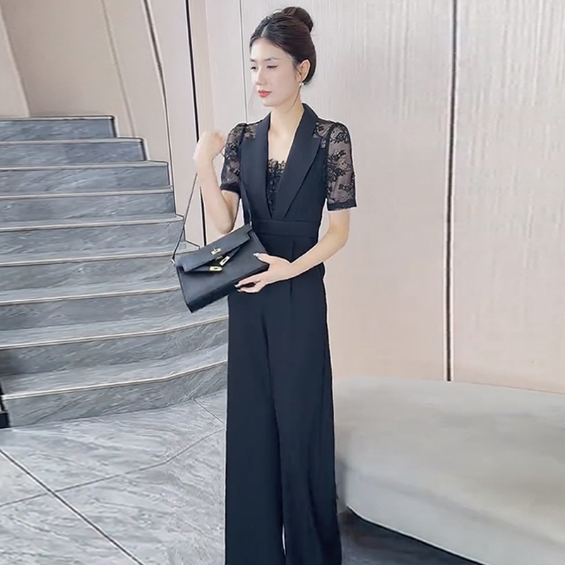 High-End and Elegant Jumpsuit for Women, 2026 Summer New Style, Lace Splicing, Suit Collar, Wide-Leg Pants Set