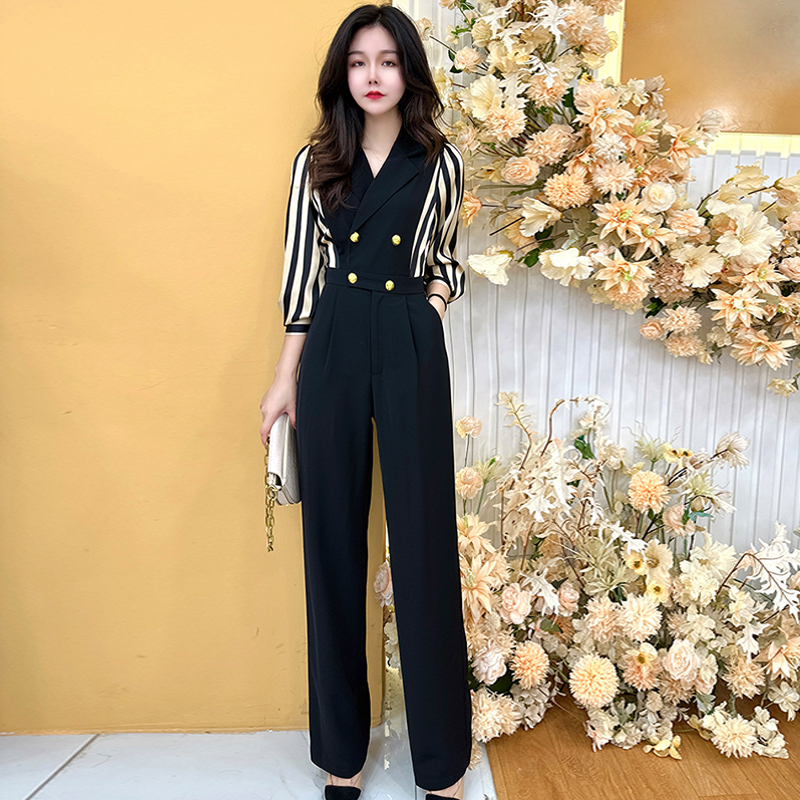 High-End Jumpsuit for Women, Spring, Fake Two-Piece, Age-Reducing, Slimming, Striped Patchwork Jumpsuit, Wide-Leg Pants Set