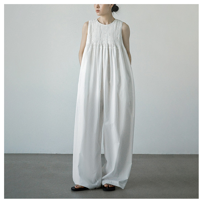 Summer Tdf Japanese-Style Design Casual Trendy White Elastic Sleeveless Jumpsuit Loose Slimming Wide-Leg Pants One-Piece for Women