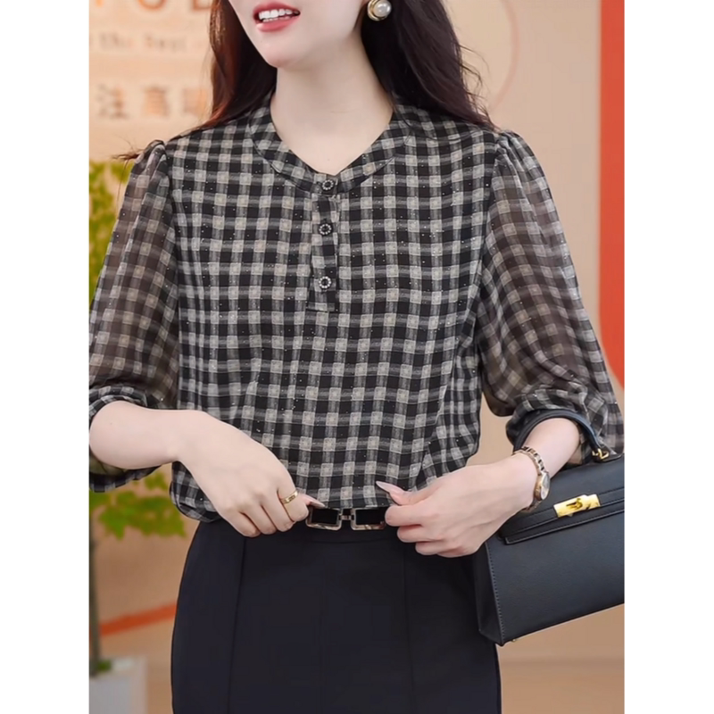 Women's Summer Three-Quarter Sleeve Shirt, Fashionable Plaid Print Blouse, Casual Pullover, Stylish Loose Slimming Shirt