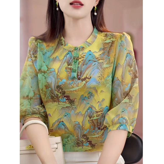 
Fashionable and fashionable Chinese style printed 7-quarter sleeve top for women in summer new mother-wear age-reducing slimming pullover