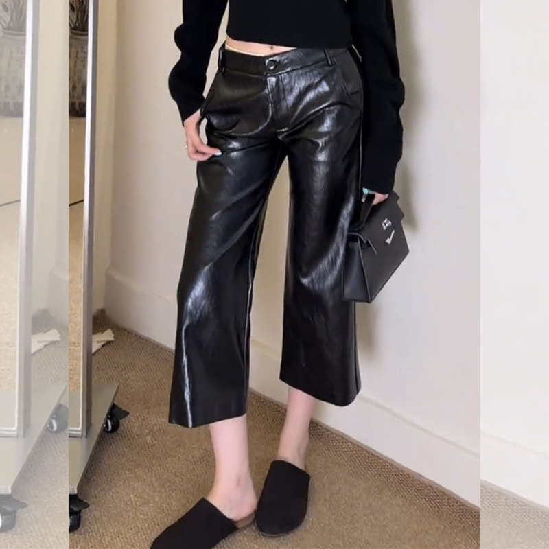 Minimalist Style Black Pu Leather Pants for Women, High-Waisted, Loose Wide-Leg Cropped Pants, Cool and Slimming, Versatile for Commuting Minimalist Style Black Pu Leather Pants for Women, High-Waisted, Loose Wide-Leg Cropped Pants, Cool and Slimming, Versatile for Commuting