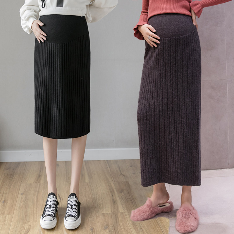 Pregnant woman half-body skirt Autumn Winter Knit Dresses Long Skirt outside wearing winter medium Long version wool line Short skirt Step Hip Skirt