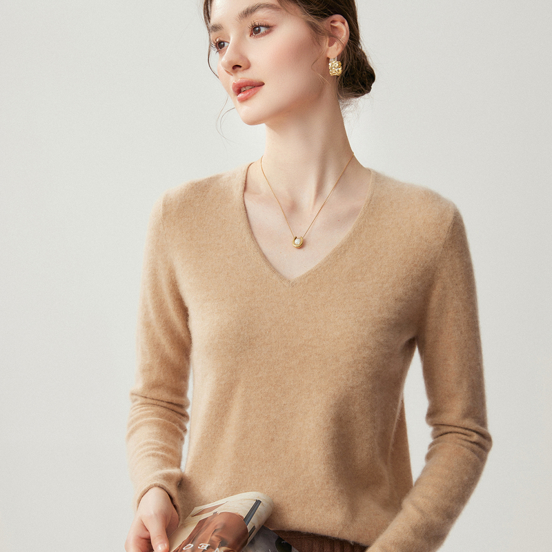 Erdos Genuine 100% Pure Cashmere 12-Gauge Flat V-Neck Rolled Edge Skin-Friendly Comfortable Base Cashmere Sweater Erdos Genuine 100% Pure Cashmere 12-Gauge Flat V-Neck Rolled Edge Skin-Friendly Comfortable Base Cashmere Sweater