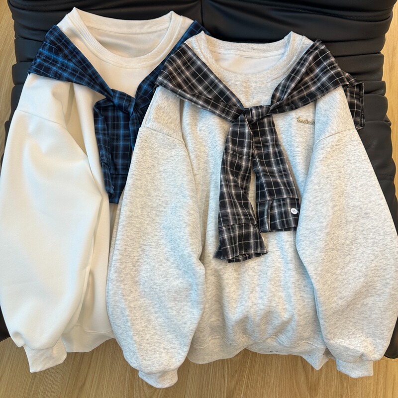 Kfcag American-Style Plaid Patchwork Shawl College Hooded Sweatshirt for Women, Spring Style, Loose Design Pullover Hoodie