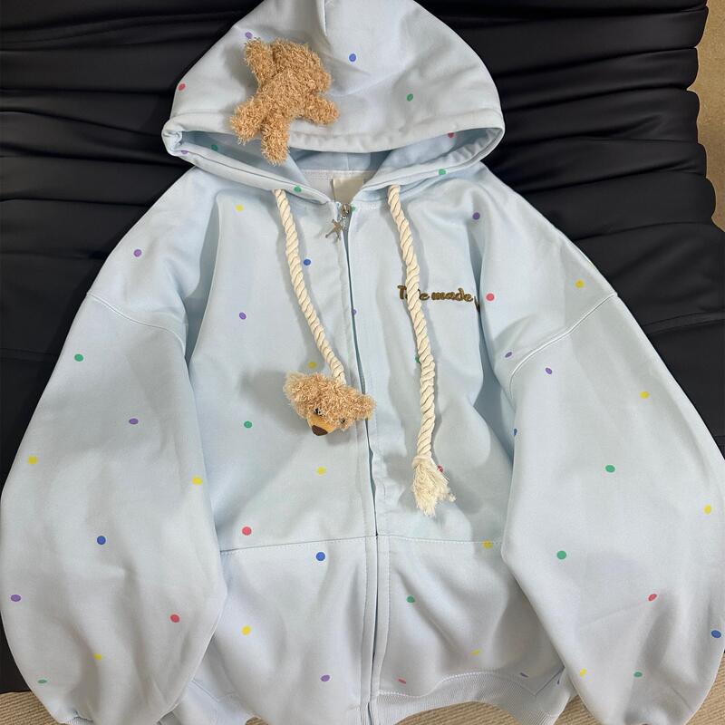 Kfcag Original Cute Plush Hooded Sweatshirt Cardigan with Polka Dots and Detachable Bear, Autumn Women's Zip-Up Jacket