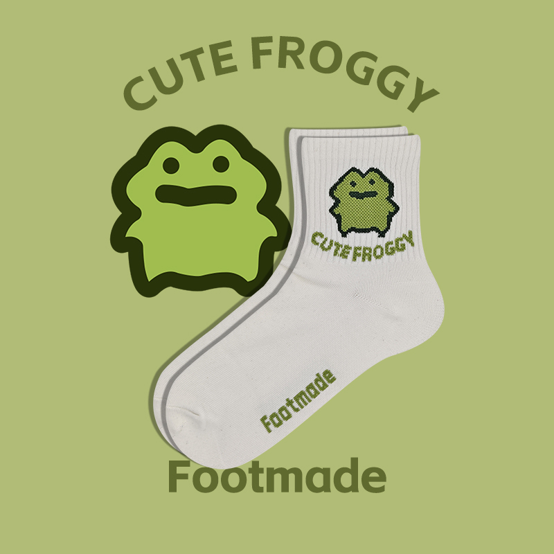 【Little Frog】Cute Socks, Breathable Cartoon Pattern Long Socks for Women, Off-White Short Socks for Men, Mid-Calf Socks, Green