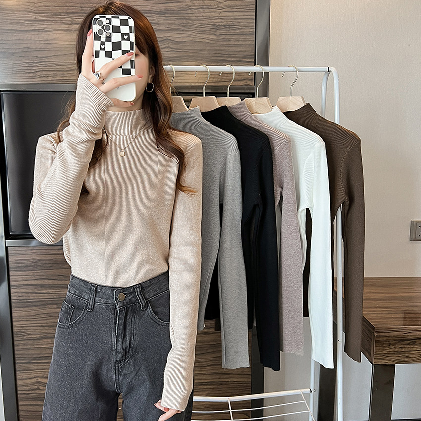 2023 autumn winter new gestational woman dress blouses undershirt large code stitch cardiovert half height collar 100 lap long sleeve T-shirt sweaters-Taobao