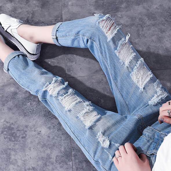 Pregnant woman pants outside wearing body jeans women's spring and summer thin section 90% Pants Breaking Hole Long Pants in small foot inner lap pants