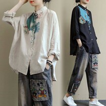 Autumn pregnant womens long sleeve womens long sleeve retro cotton shirt loose size cover pregnant belly casual shirt base shirt tide