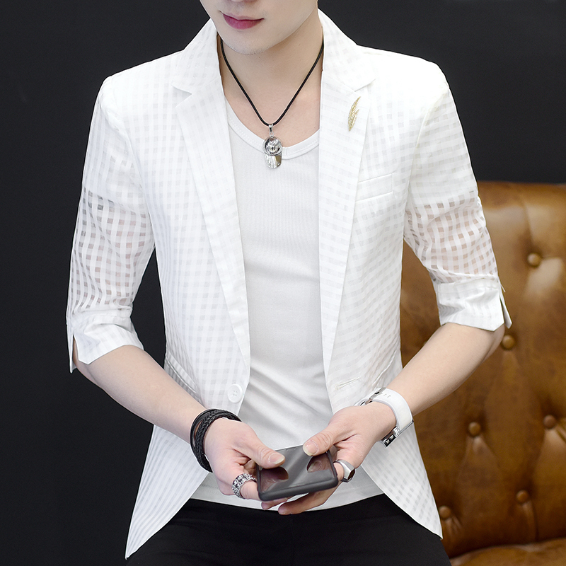 Hollow-Out Summer Suit, Sun Protection Clothing, Thin Three-Quarter Sleeves, Social Guy Style Jacket, Korean Style Trendy Men's Breathable Jacket