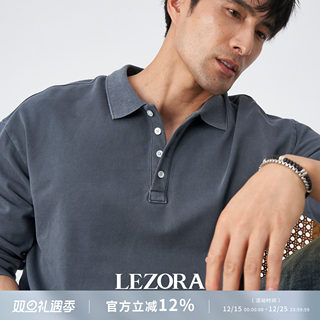LEZORA美式复古vintage工装落色 成衣染色珠地棉透气长袖polo衫男