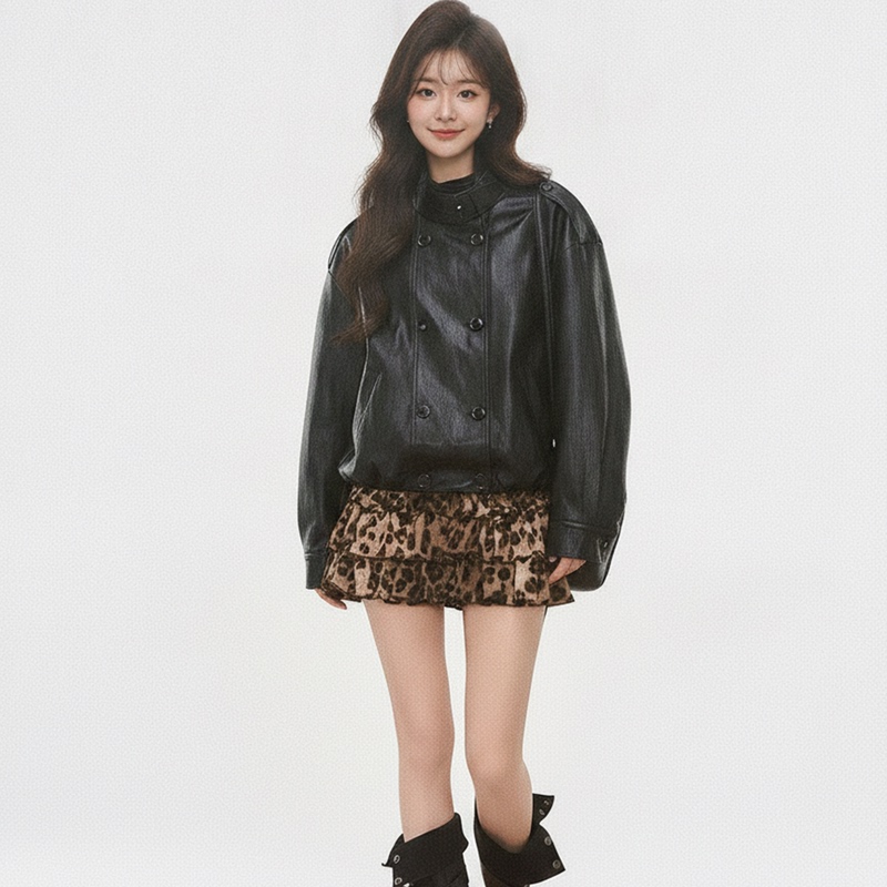 8.2 New Product Westayhone Autumn Black Leather Jacket for Women 2026 New Style Leopard Print Layered Skirt 8.2 New Product Westayhone Autumn Black Leather Jacket for Women 2026 New Style Leopard Print Layered Skirt