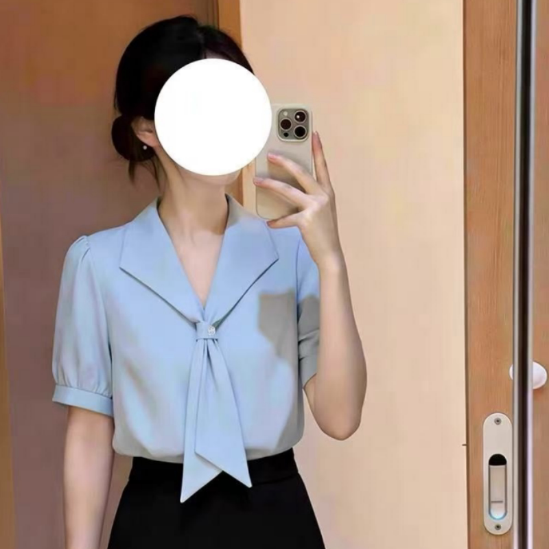 Blue Chiffon Shirt for Women, Summer Work Commute Formal Wear, Short-Sleeved Top, Teaching Interview Professional Shirt Suit Skirt Blue Chiffon Shirt for Women, Summer Work Commute Formal Wear, Short-Sleeved Top, Teaching Interview Professional Shirt Suit Skirt