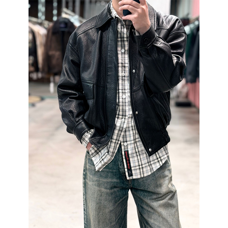 Original Leather "Yangshulin Airforce2 Spanish Elephant Pattern Foam Leather Jacket with a Silhouette Made of Lambskin Leather