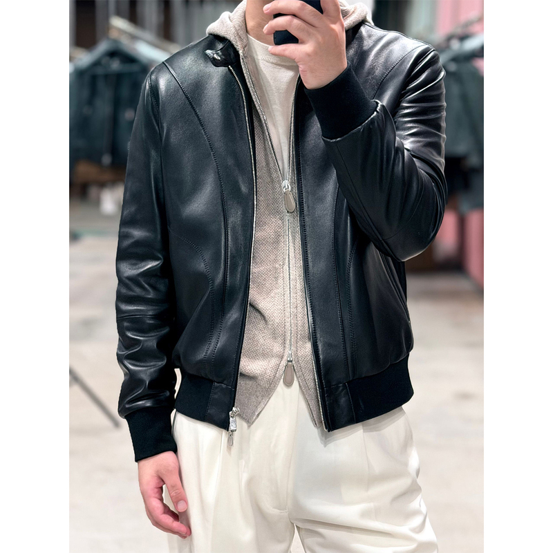 70900Bc Version of the High-End Gentleman's Nappa Water-Dyed Lambskin Men's Stand-Collar Flight Jacket Leather Coat