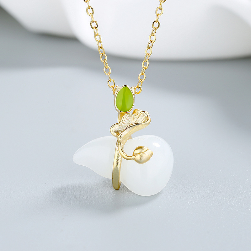 Light Luxury Niche Hetian Jade Necklace for Women, Chinese Style Gold-Plated Lotus Leaf and Gourd Pendant, Gift for Mom, Jewelry Light Luxury Niche Hetian Jade Necklace for Women, Chinese Style Gold-Plated Lotus Leaf and Gourd Pendant, Gift for Mom, Jewelry