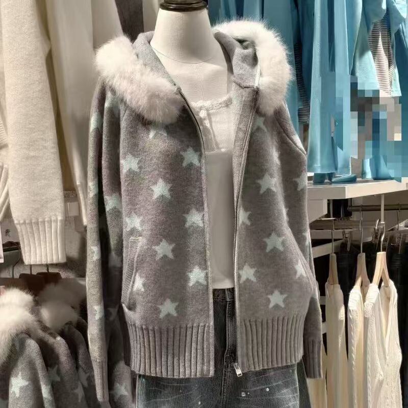 Wm.Mengment Star Pattern Fur Collar Hooded Knitted Cardigan for Women, Lazy Style Loose Zipper Sweater Jacket