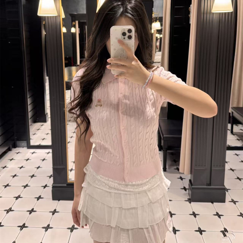 Wm.Mengment College Style Polo Collar Cable Knit Bear Sweater Women's Short Sleeve Slim Fit Sweet Style Top