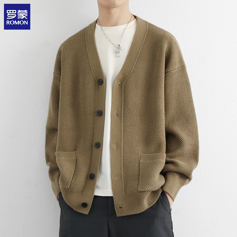 Romon Knitted Cardigan Jacket for Men, New Spring and Autumn Style, Pure Cotton Loose Jacket, Trendy V-Neck Top, Casual Sweater