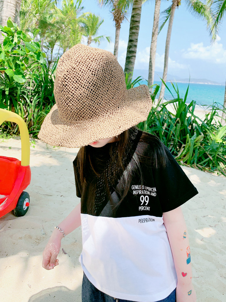 Non-refundable sweetcity boys and girls black and white upper and lower stitching front and rear letters printed short-sleeved pullover T-shirt