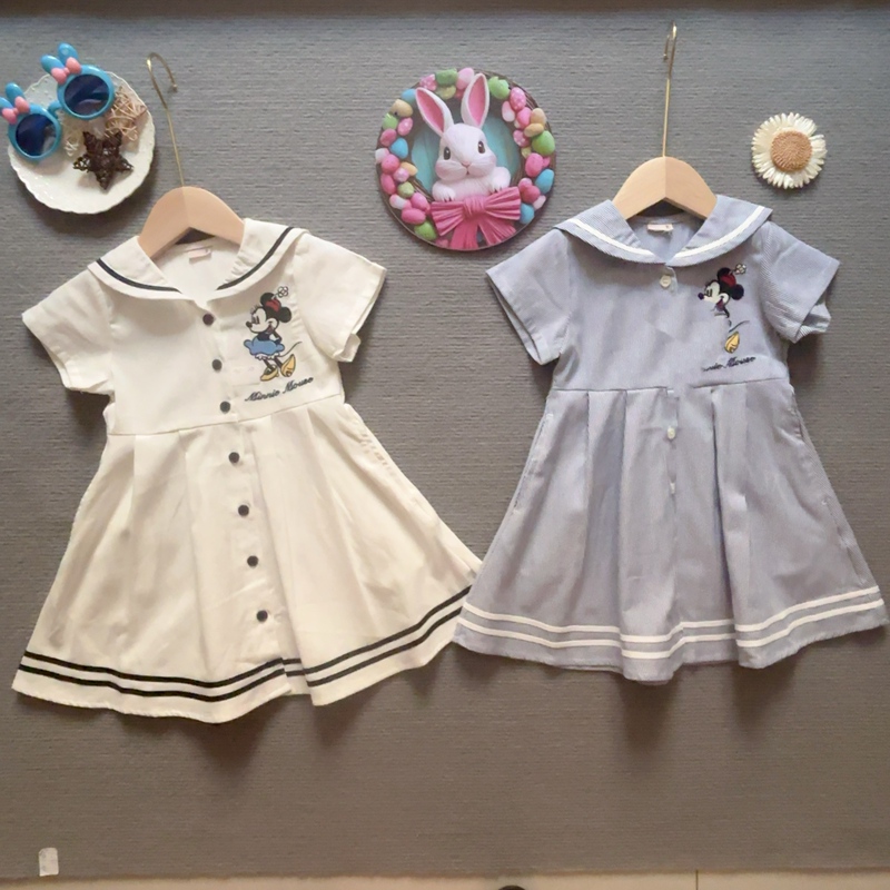 Japanese Order Pm90 Size Disney Collaboration Girls' Summer Pure Cotton Short-Sleeve Sailor Embroidered Minnie Dress Japanese Order Pm90 Size Disney Collaboration Girls' Summer Pure Cotton Short-Sleeve Sailor Embroidered Minnie Dress