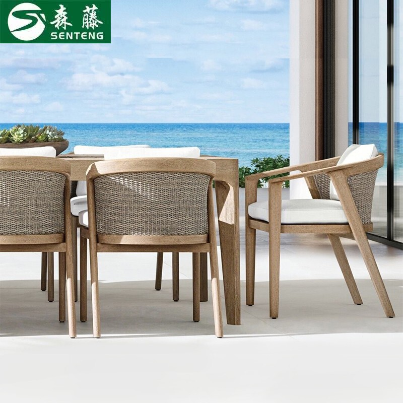 Outdoor Tables and Chairs, Courtyard Teak Rattan Chairs, Villa Furniture, Outdoor Balcony Rattan Chairs, Open-Air Leisure Anti-Corrosion Wood Long Tables