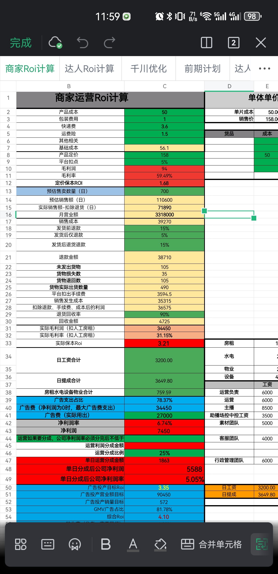 ROI计算器电商计算器保本Roi计算开店计算运营计算