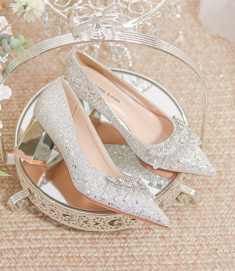 Elegant Silver Chunky Mid-Heel Wedding Shoes | Crystal Comfort - Detail image 4